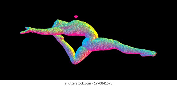 Love concept. Gymnast performing an element of rhythmic gymnastics, jumping or making a jump in the air. Voxel art. 3D vector illustration for icon health and fitness community.