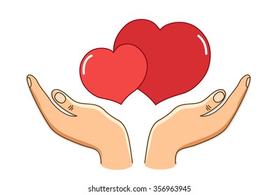Love concept as hands guard two hearts