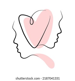 Love concept, handwriting face portrait of couple isolated on white background. Simple outline t shirt print template. Valentine's day celebration card. Heart shape single line art style poster.