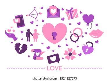 Love concept. Heart and arrow, ring and flower. Romantic symbol, romance relationship. Set of colorful icons. Isolated flat illustration