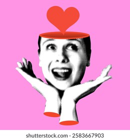 Love concept. Heart inside woman's head. Modern collage with halftone woman in love. Valentine's day design greeting card. Emotion of joy