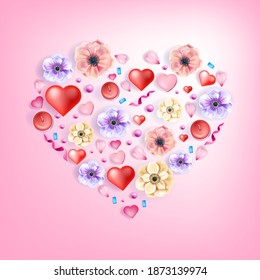 Love concept heart vector greeting card floral Valentine’s Day poster with anemones flowers, confetti, petals. Holiday romantic spring illustration design on pink background. Heart-shaped love wedding card