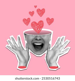 Love concept. Hearts inside woman's head. Modern collage with halftone body parts. Valentine's day design elements. Emotion of joy