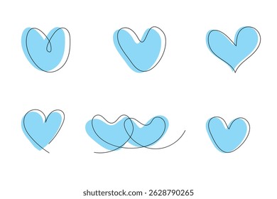  Love concept. Hearts Set in modern line art style isolated on white background. Two hearts continuous one line drawing. Decoration elements for fathers day Mothers day 