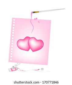 Love Concept, High Angel View of Craft Paintbrush or Artist Brush with Color Tubes Painting Two Beautiful Big Heart on Spiral Paper. 