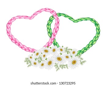Love Concept, Illustration of Beautiful Pink and Green Heart Shapes Made of The Rope with Daisies or Chamomile Flowers