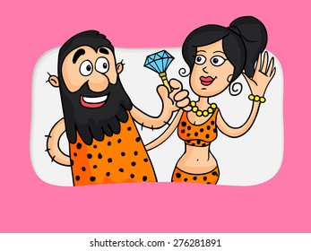 Love concept with illustration of a caveman giving diamond to his beloved.