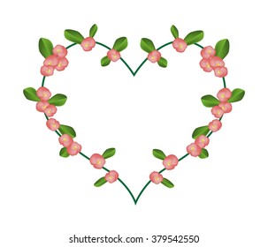 Love Concept, Illustration of Crown of Thorn or Euphorbia Milii Flowers Forming in Heart Shape Isolated on White Background.