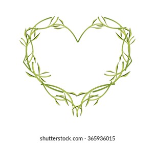 Love Concept, Illustration of Green Leaves and Twig Forming in Heart Shape Isolated on White Background.