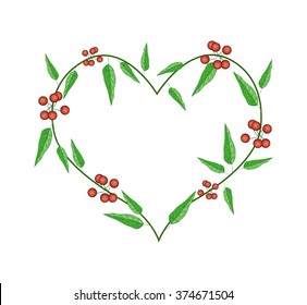 Love Concept, Illustration of A Heart Shape Frame Made of Evergreen Leaves Isolated on White Background.