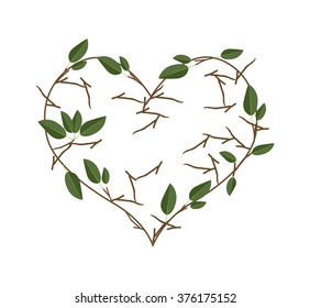 Love Concept, Illustration of Heart Shape Frame Made of Tree Branch with Green Leaves Isolated on White Background.