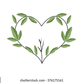 Love Concept, Illustration of A Heart Shape Frame Made of Tree Branch with Green Leaves Isolated on White Background.