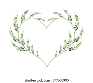 Love Concept, Illustration of Heart Shape Frame Made of Fresh Leafy Leaves Isolated on White Background.