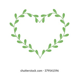 Love Concept, Illustration of A Heart Shape Frame Made of Green Vine Leaves Isolated on White Background.