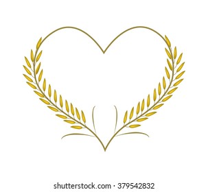 Love Concept, Illustration of Ripe Rice Crop or Cereal Plants Forming in Heart Shape Isolated on White Background.