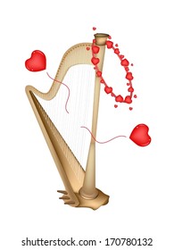 Love Concept, An Illustration of A Single Harp Playing A Romantic Music for Someone Special Isolated on White Background. 