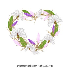 Love Concept, Illustration of White Crape Myrtle Flowers and Equiphyllum Flowers Forming in Heart Shape Isolated on White Background.