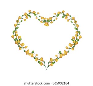 Love Concept, Illustration of Yellow Padauk Flowers or Papilionoideae Flowers Forming in Heart Shape Isolated on White Background.