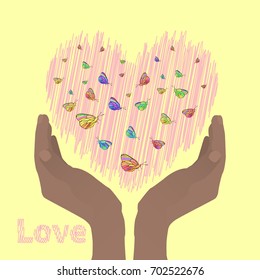 Love concept.ru keep a pink heart with waving butterflies