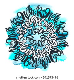 Love concept lettering poster, inspirational postcard with "Love Never Fails"quote. Artistic design for a logo, greeting cards, invitations, posters, banners, seasonal greetings illustrations.