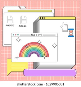 Love is love concept, LGBTQ+. Collage of user interface elements and rainbow symbol. Vaporwave aesthetics of 80's.