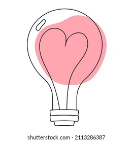 Love concept. Light bulb icon with heart inside in modern trendy line art style. Cute Festive Love Background. Valentine's day symbol. Lamp with heart.