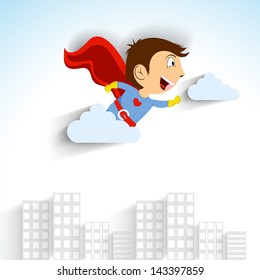 Love concept with little boy flying in superhero costume on urban city background.