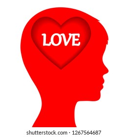 Love concept with man head and red heart on white, stock vector illustration