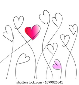Love concept, Many growing hearts hand drawn continuous one line drawing, vibrant gradient and black line vector minimalist illustration
