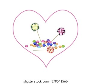 Love Concept, Milk Chocolate and Colorful Lollipops in A Heart Shape Isolated on White Background