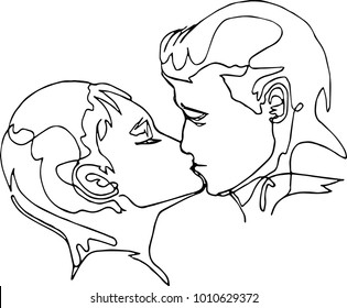 Love concept, minimalist continuous line drawing - pair, man and woman kissing, just faces, accent on eyes, double portrait, black on white, heads, vector illustration