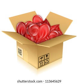 Love Concept - Open Cardboard Box with Hearts, isolated on white, vector illustration