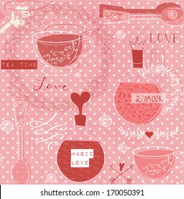 Love concept - pattern with cup of tea, desert spoon, love elixir, flowers and calligraphic. Valentine`s Day and wedding background