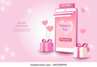 Love concept pink background. Shop online for Valentine's Day. Send special gifts with mobile convenience and safe. banner for online promotion or website.Online store on the mobile application.vector