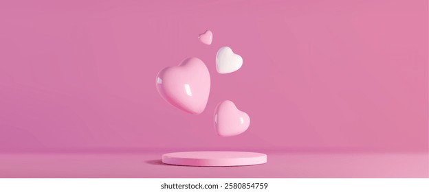 Love concept podium mockup with floating pink heart shapes, white glossy valentines emblem on rose background. Romantic minimal display platform for holiday presentation or wedding decoration design.