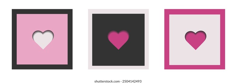 Love concept poster cards set. Pink paper hearts in paper cut style. Valentine's day design element. Vector illustration