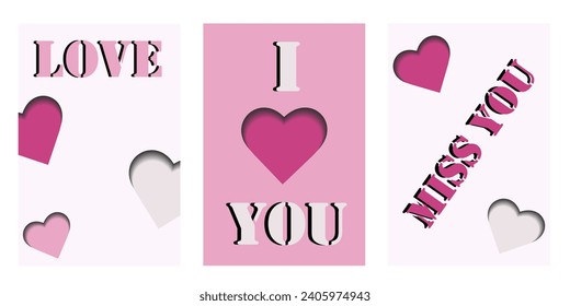 Love concept posters set. Pink hearts in paper cut style. Valentine's day banners or greeting cards. Vector illustration