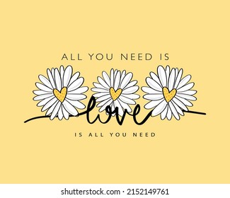 Texto del lema de la cita del concepto de amor. Hermosas flores blancas de margarita con forma de corazón. Diseño de ilustración vectorial. Para gráficos de moda, estampados de camisetas, afiches, tarjetas.