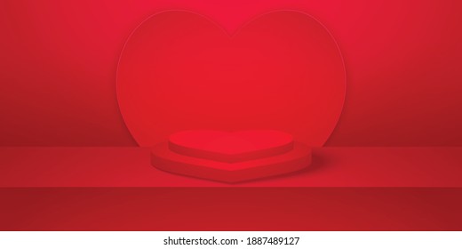love concept, realistic heart shape podium or pedestal with red empty studio room, minimal product heart background, template mock up for display, valentines day