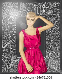 Concepto de amor. Concepto de venta. Vector sorprendido rubio con vestido rosa contra fondo de elementos de la historia de amor