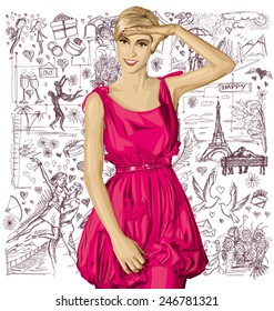 Love concept. Sale concept. Vector surprised blonde in pink dress against love story elements background