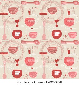 Love concept - seamless pattern with cup of tea, desert spoon, love elixir, flowers and calligraphic. Valentine`s Day and wedding background