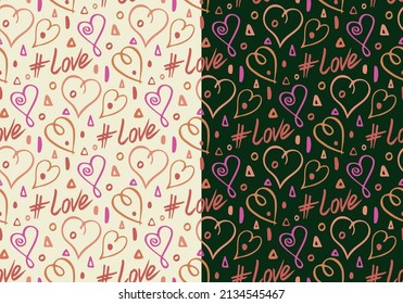 Love concept seamless pattern. 
Doodle ink paint brush, hand drawn elements, hearts in red pink colors. Scribble line cartoon style design. Transparent background. Vector illustration