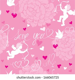 Love concept - seamless pattern with flowers, angel, dove and calligraphic text I love you. Valentine`s Day pink background