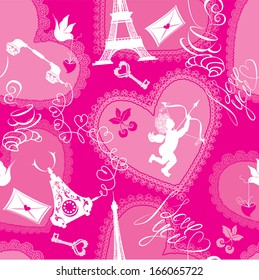 Love concept - seamless pattern with lace hearts, cup of coffee, croissant, angel, effel tower, retro phone and calligraphic text I love you. Valentine`s Day pink background