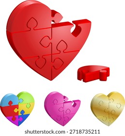 Concepto de Amor Concepto de Amor - Conjunto de rompecabezas de corazón 3D. Roto y entero. Es fácil cambiar el color. Ilustración vectorial.