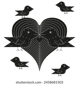 Love concept with simple Hand Drawn bird in trend Brazilian Cordel style. Woodcut art with Heart isolated white background. Aztec vector aesthetic can used t-shirt print, greeting card cover design. 