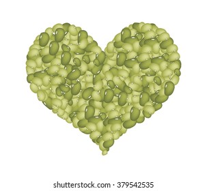 Love Concept, Stack of Dried Mung Beans Forming in A Heart Shape Isolated on A White Background