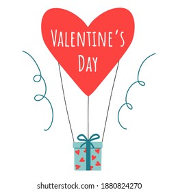 Love concept stylized flying bloom with gift, present and heart. Romantic greeting card with lettering - Valentine's Day. Design for poster, banner, flyer, web, card, party, invitation for Valentines.