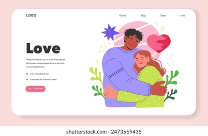 Love concept. A tender embrace between two people depicted with heart symbols and warm colors. Affection and relationship web banner. Vector illustration.